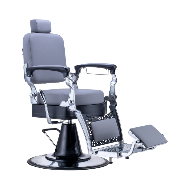 Grey and chrome Karma Noosa barber chair suitable for modern salons