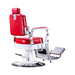 Red and white professional hydraulic barber chair with chrome accents