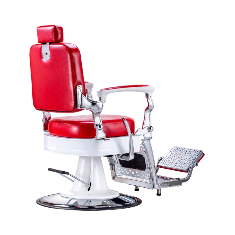 Red and white professional hydraulic barber chair with chrome accents