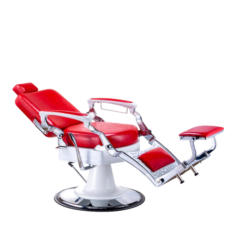 Vibrant red and white Karma Noosa barber chair in reclined position