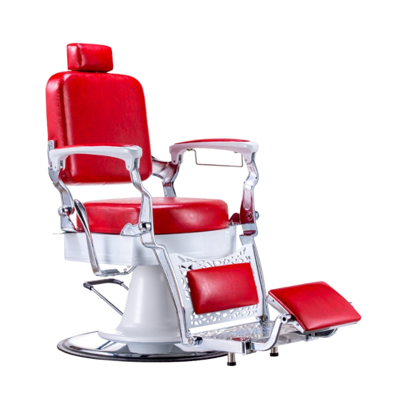Side view of the red and white Karma Noosa barber chair with heavy duty footrest