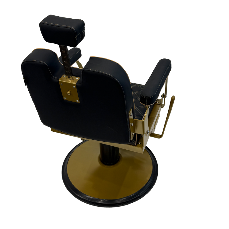 Rear view of gold framed barber chair with black upholstery