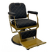 Luxury black barber chair with gold metal frame and diamond stitching