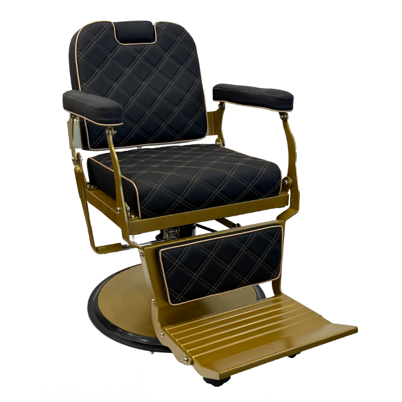 Luxury black barber chair with gold metal frame and diamond stitching