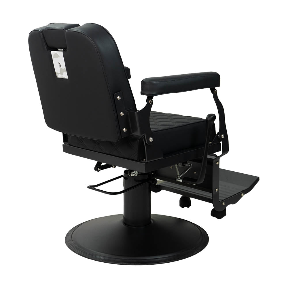 Back view of black barber chair showing the heavy duty hydraulic pump and base