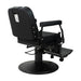 Back view of black barber chair showing the heavy duty hydraulic pump and base