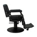 Side profile of Karma Paddington barber chair illustrating adjustable height and reclining frame
