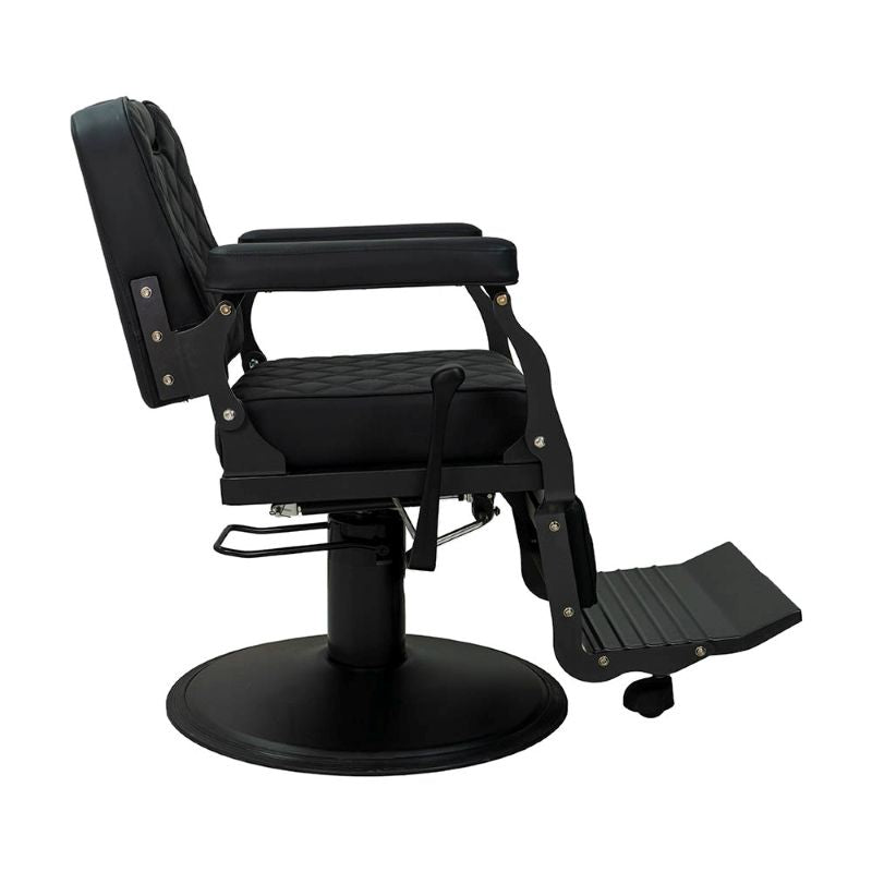 Side profile of Karma Paddington barber chair illustrating adjustable height and reclining frame