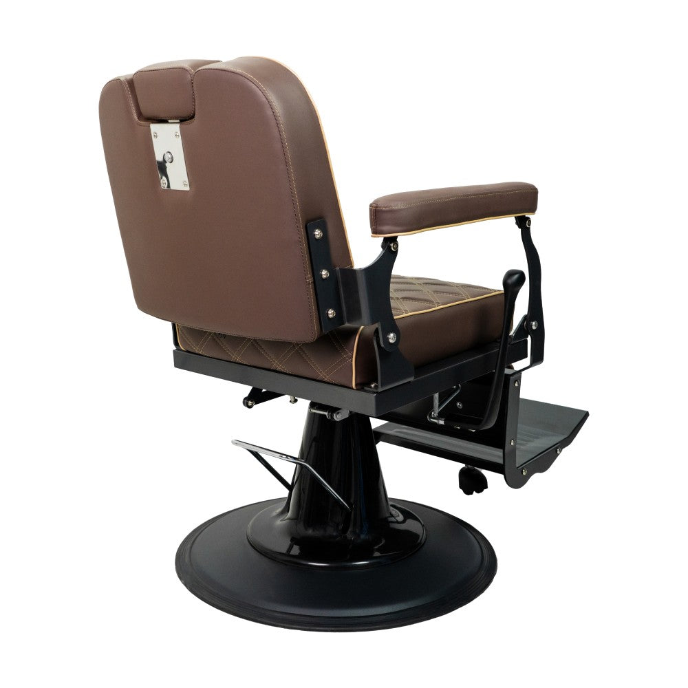 Back view of brown professional barber chair with 300kg rated pump