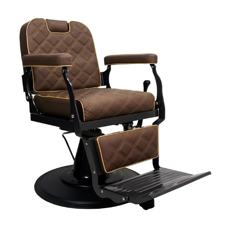 Brown quilted barber chair with black frame for professional hair salons