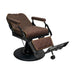 Brown barber chair reclined view showing footrest and pump functionality