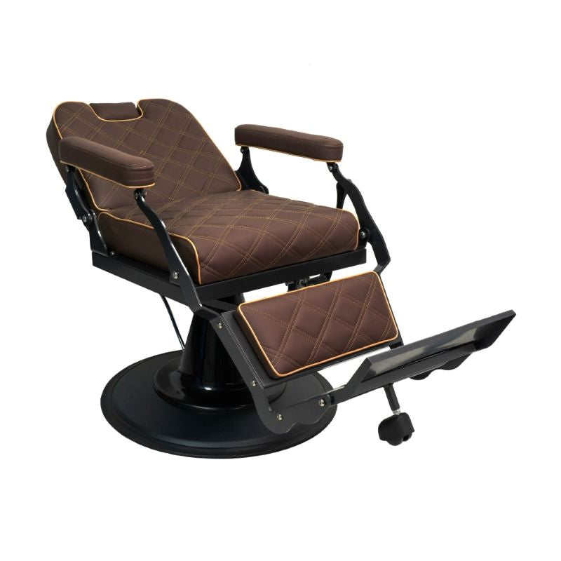 Brown barber chair reclined view showing footrest and pump functionality