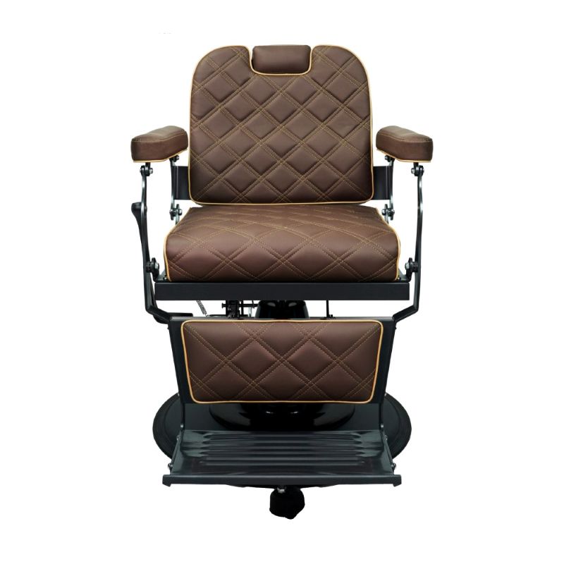 Front view of brown Karma Paddington barber chair showing diamond pattern