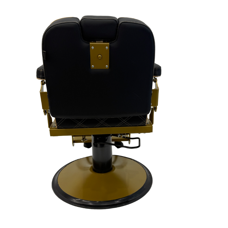 Back of Karma Paddington chair showing gold hydraulic base and headrest detail