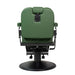 Direct rear view of green professional barber chair showing sturdy headrest