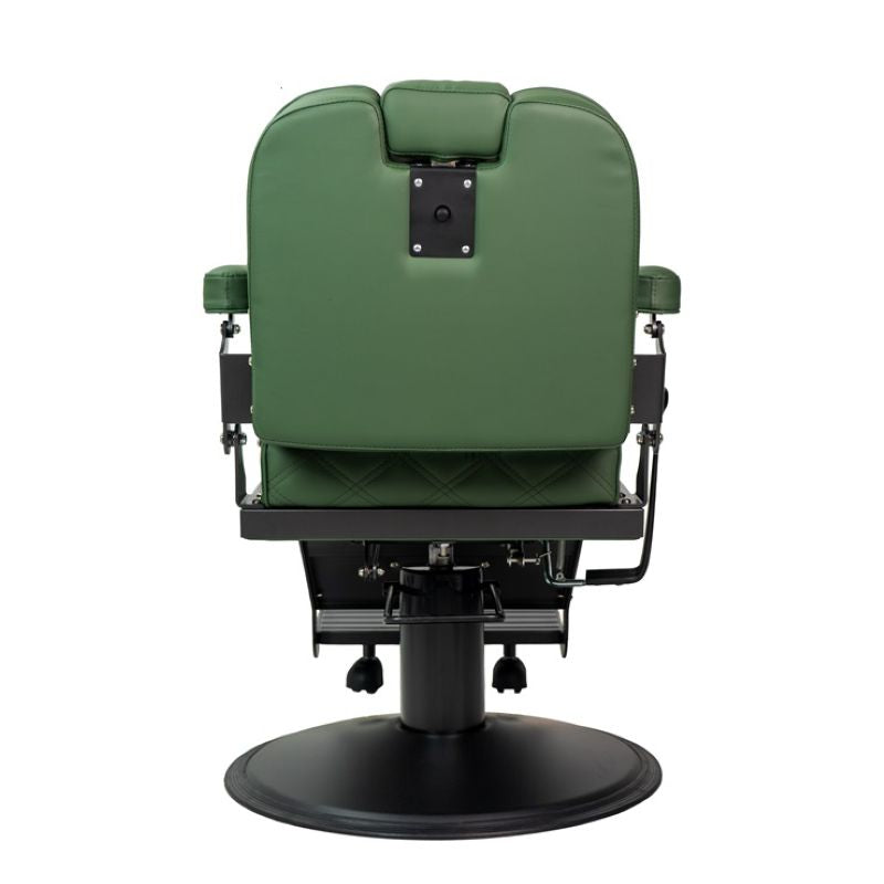 Direct rear view of green professional barber chair showing sturdy headrest