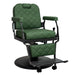 Green professional barber chair with quilted vinyl and black accents