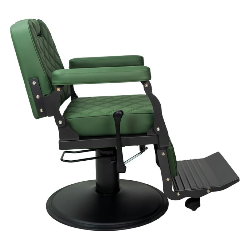 Green barber chair side profile highlighting the heavy duty hydraulic mechanism