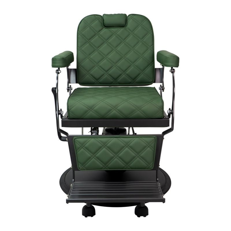 Front view of green Karma Paddington chair for Australian barbers