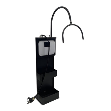 Karma Portable Hair Spa system with black mobile stand and curved rainfall showerhead attachment