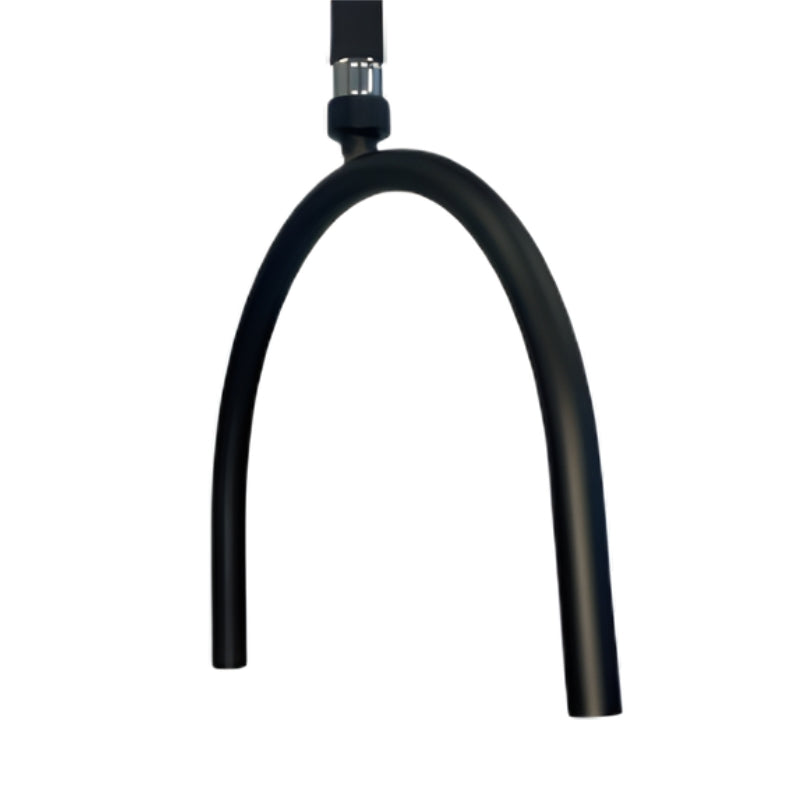 The adjustable black curved rainfall showerhead component of the Karma Portable Hair Spa