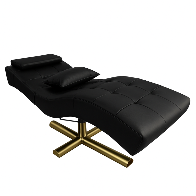 Karma Premium Wanaka lash bed in black vinyl with ergonomic contoured design and gold cross-base for beauty salons