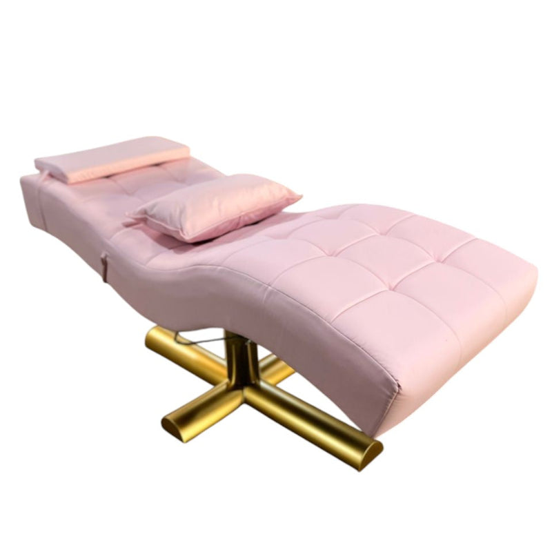Pink Karma Premium Wanaka beauty bed with matching cushions and gold metal base for lash and brow treatments