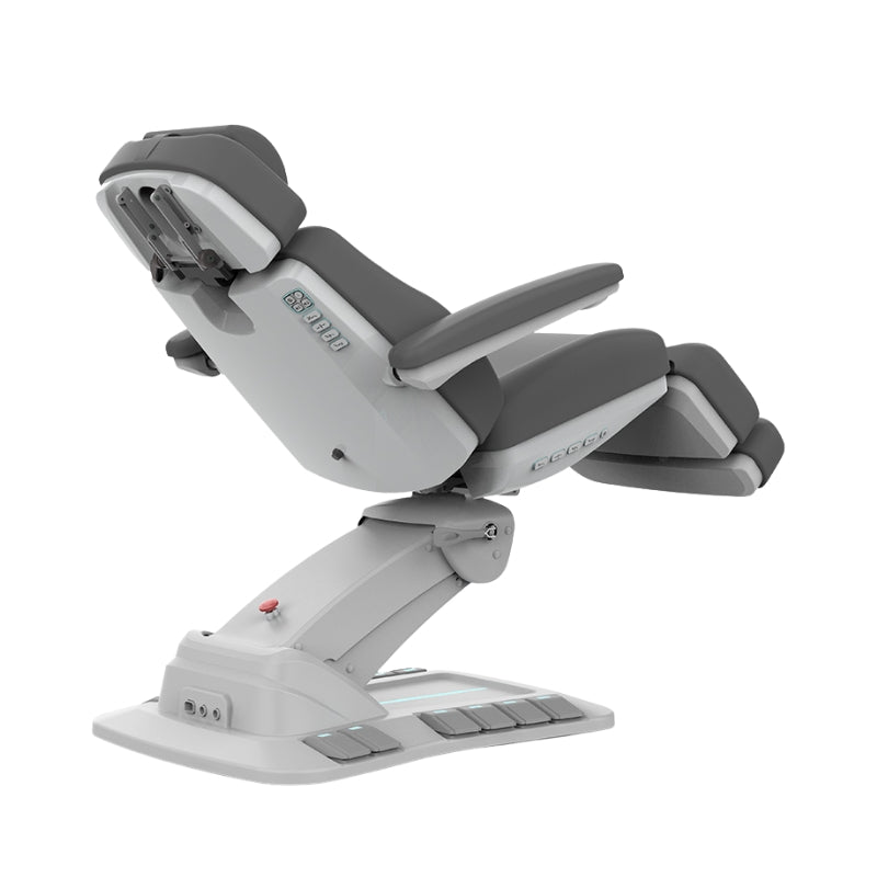 Professional aesthetic treatment chair with charcoal upholstery and adjustable headrest