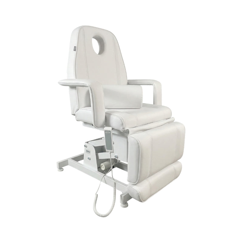 Professional 3-motor electric beauty bed in white showing face hole and removable pillow
