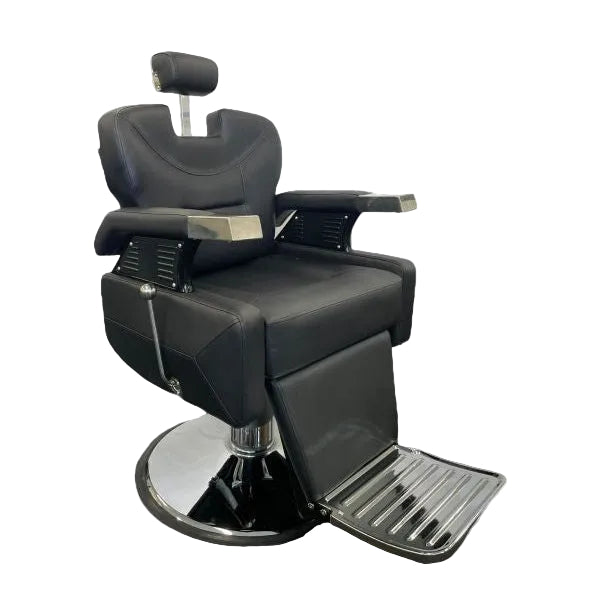 Karma Runcorn professional black barber chair with reclining backrest and hydraulic base for Australian barbershops