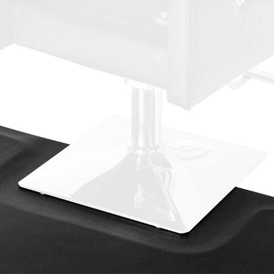 Close up of Karma hairdressing mat fitting around a square chrome salon chair base