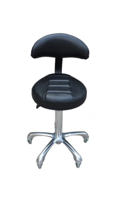 Black ergonomic salon stool with raised padded seat and aluminium base