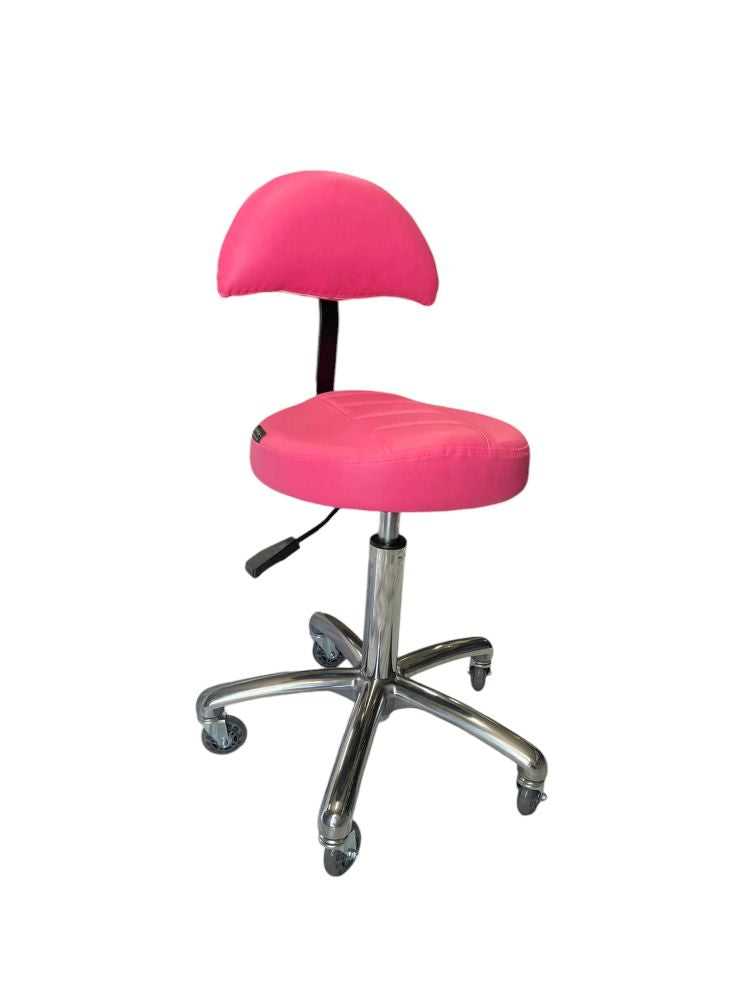 Pink ergonomic salon stool with contoured padded seat for beauty professionals