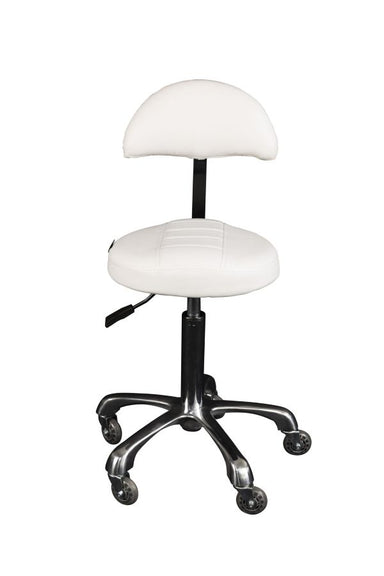 White ergonomic salon stool with padded seat and chrome base