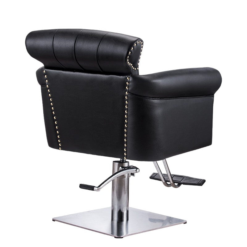 Rear view of the Karma Thredbo salon chair showing the backrest design and chrome hydraulic pump