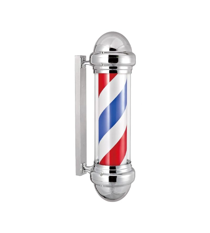 Chrome finish traditional barber pole with red, blue, and white rotating LED light