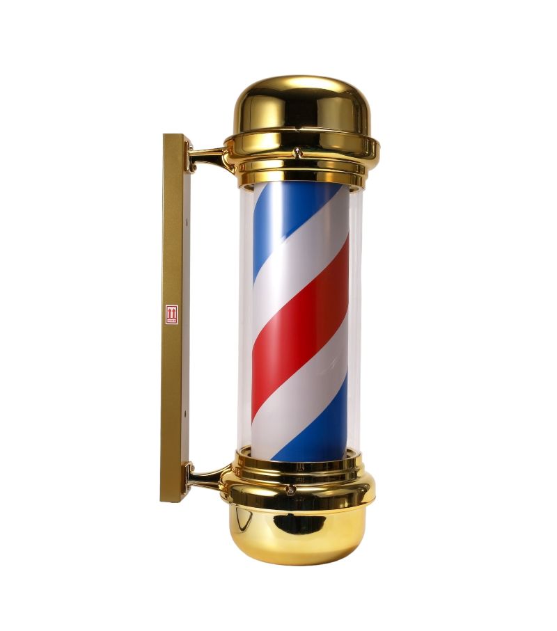 Gold finish wall-mounted barber pole with illuminated rotating cylinder