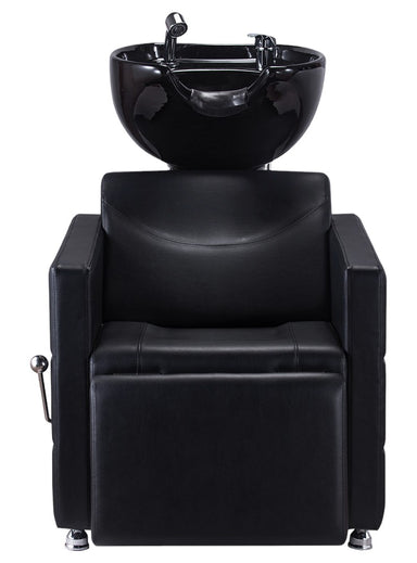 Front view of the black Karma Wangaratta shampoo basin unit with ceramic basin