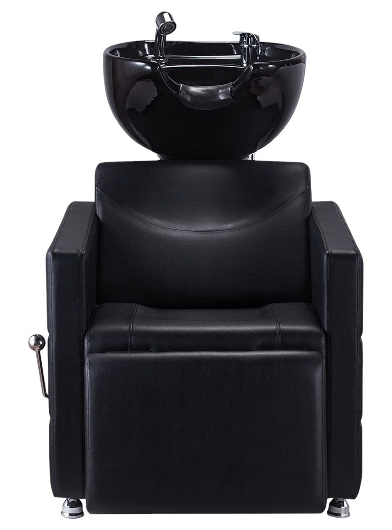 Front view of the black Karma Wangaratta shampoo basin unit with ceramic basin