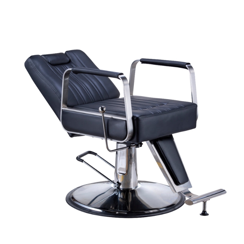 Black Karma Wollongong salon chair in a fully reclined position for beauty and barber treatments