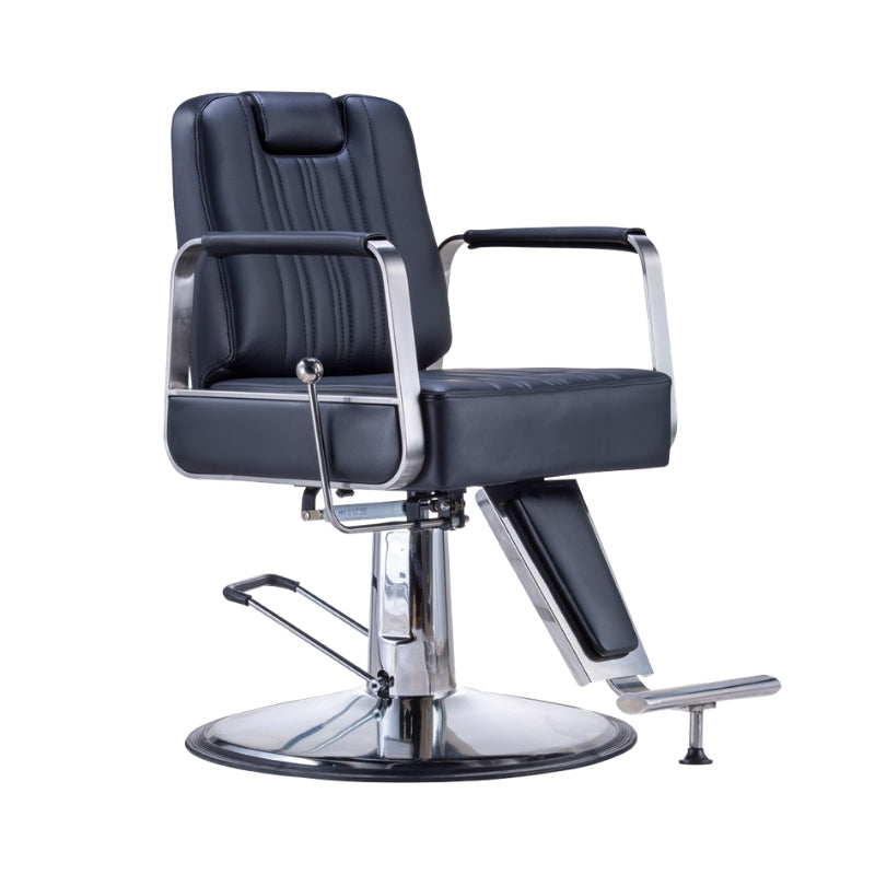 Karma Wollongong professional salon chair in black vinyl with chrome hydraulic base and footrest