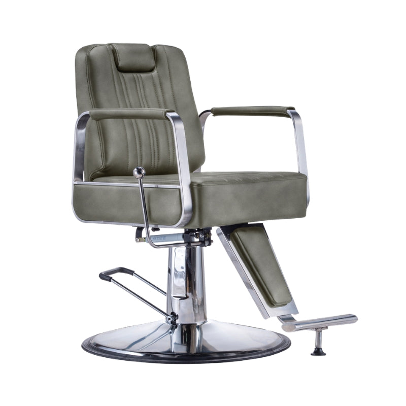 Professional grey Karma Wollongong salon chair with vertical line design and metal armrests