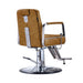 Back view of the tan Karma Wollongong salon chair highlighting the sleek chrome hydraulic pump