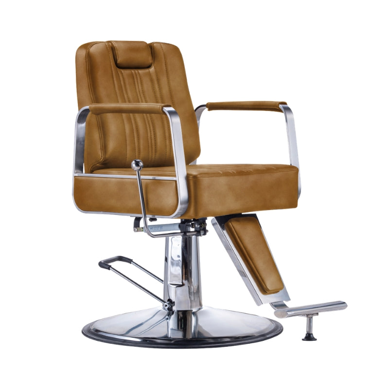 Karma Wollongong salon chair in tan vinyl with vertical stitching and polished chrome accents