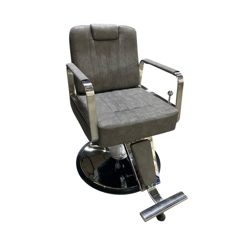 High angle view of the grey Karma Wollongong styling chair showing the wide seat and sturdy chrome base