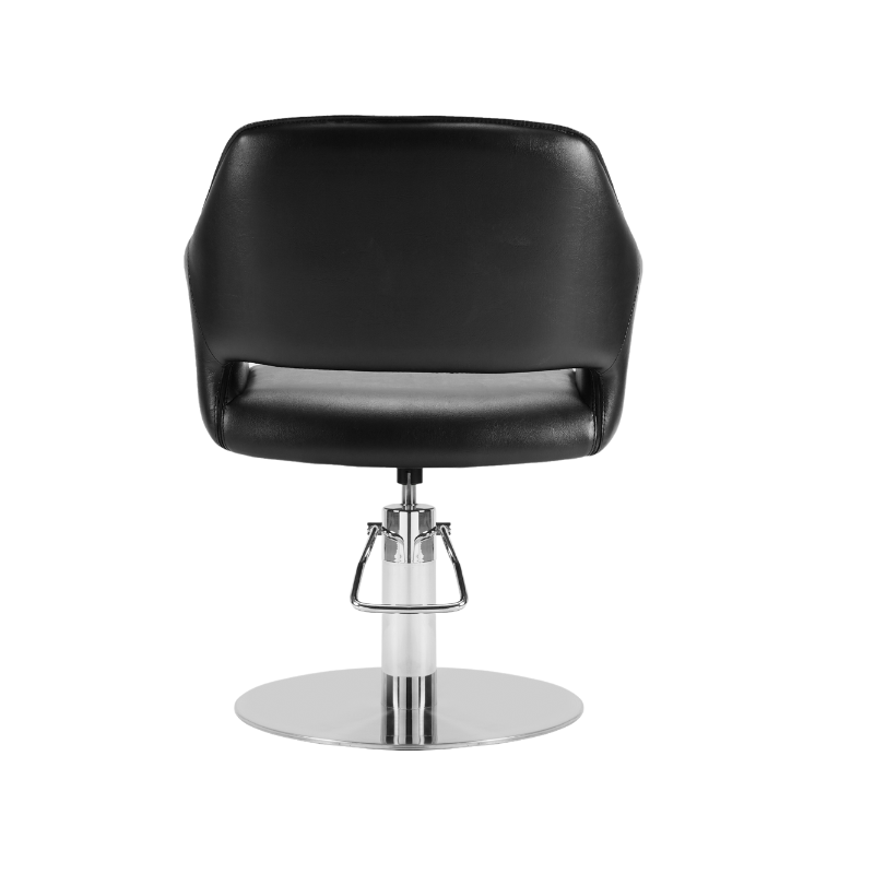 Back view of black professional styling chair with round base
