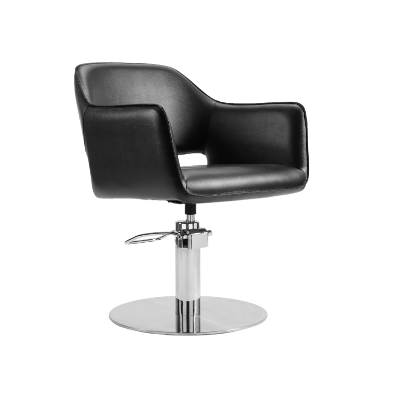 Black salon styling chair with round steel base front view
