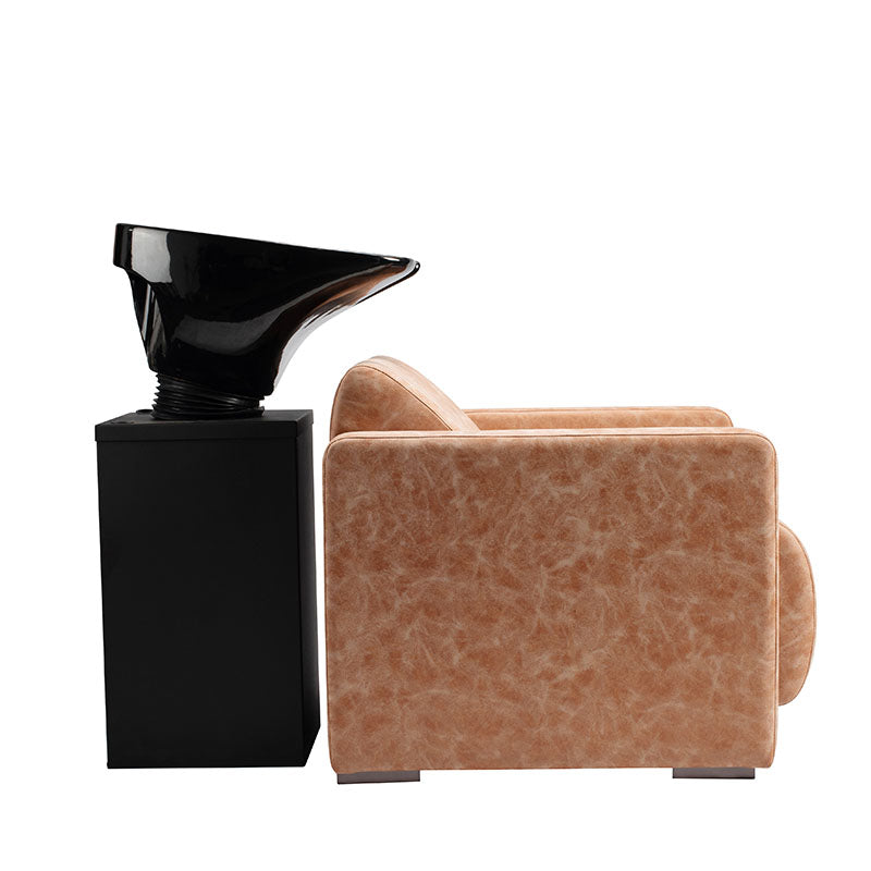 Side view of desert rose Kelly shampoo unit seat with basin