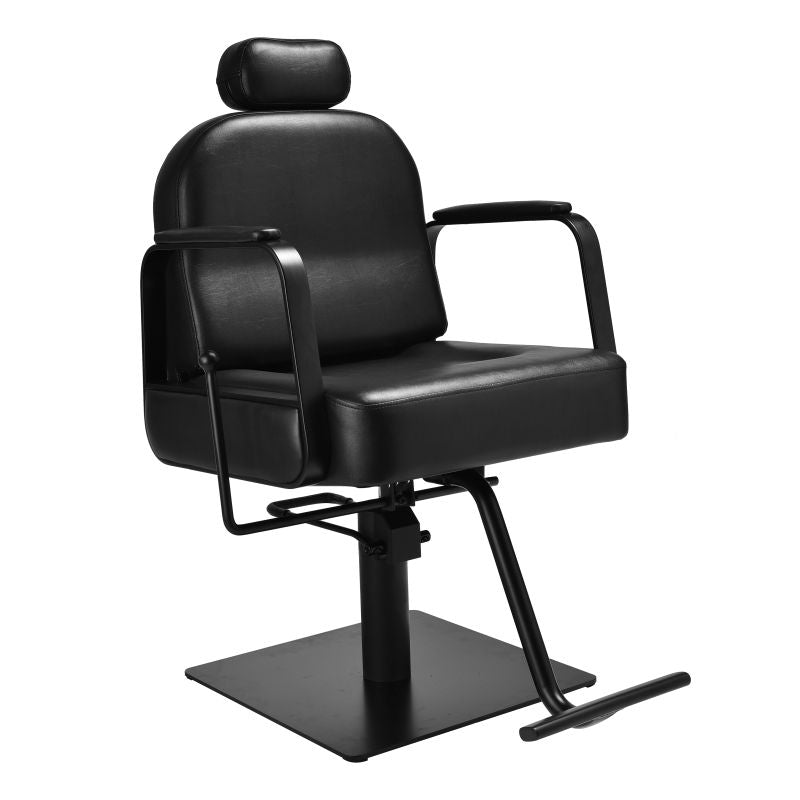 Side view of black reclining beauty styling chair