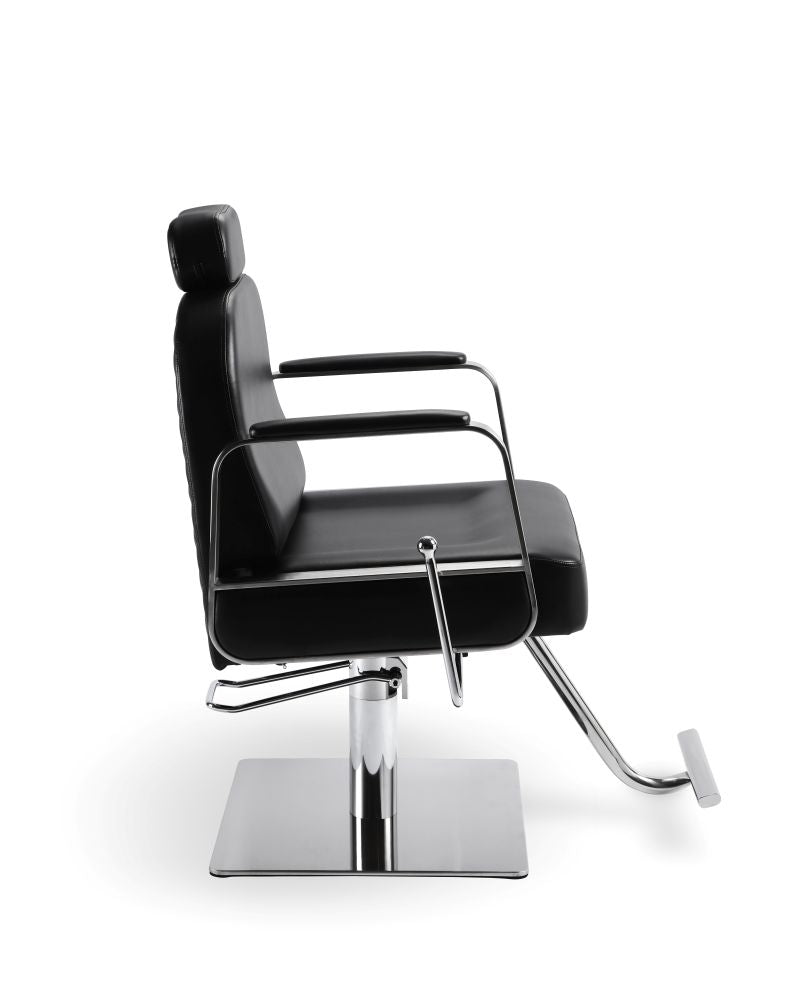 Side profile of black and chrome beauty salon chair